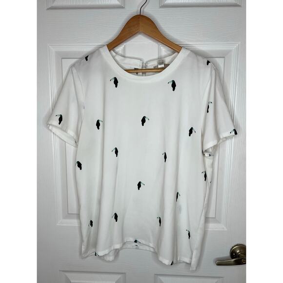 Ann Taylor Loft Outlet Women's White Toucan Print Top Blouse Shirt Size Large - Picture 2 of 7